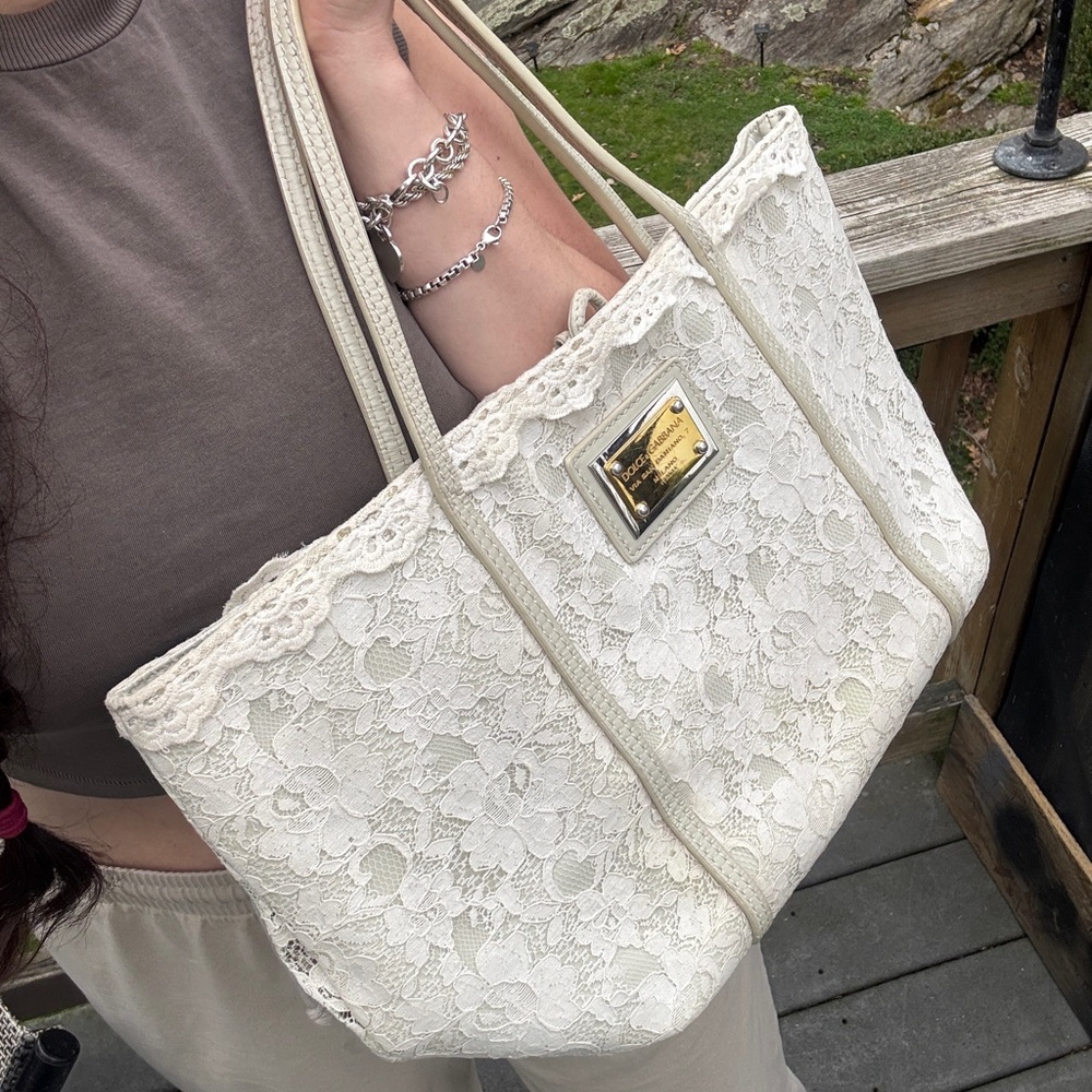 Auth Dolce & Gabbana white lace leather large tote bag boho cheetah lining ☀️ 🐆